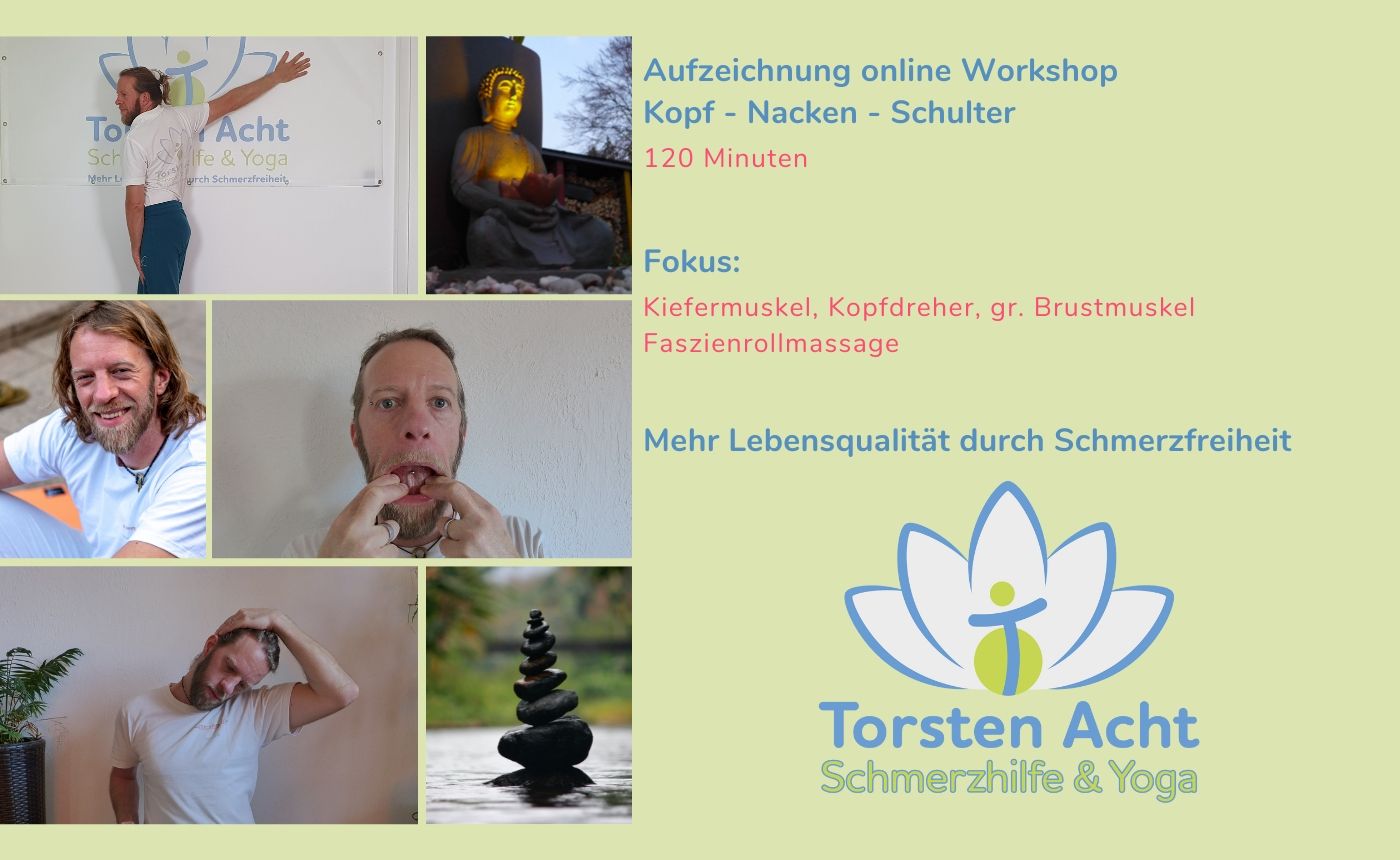 Kopf- Nacken- und Schulterbeschwerden. Online Workshop Aufzeichnung – 120 Minuten Schmerzhilfe & Yoga – Faszienrollmassage und Engpassdehnung