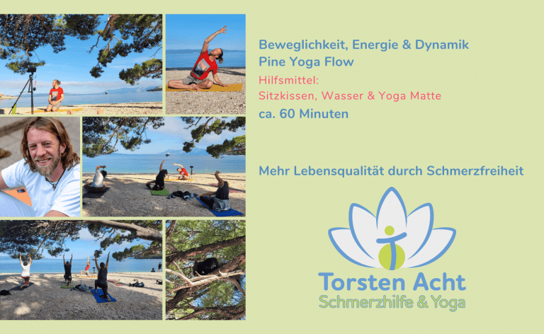 Entspannende Yoga-Reise: Eine 60-minütige Praxis für die Gesundheit der Wirbelsäule am Strand unter Pinien